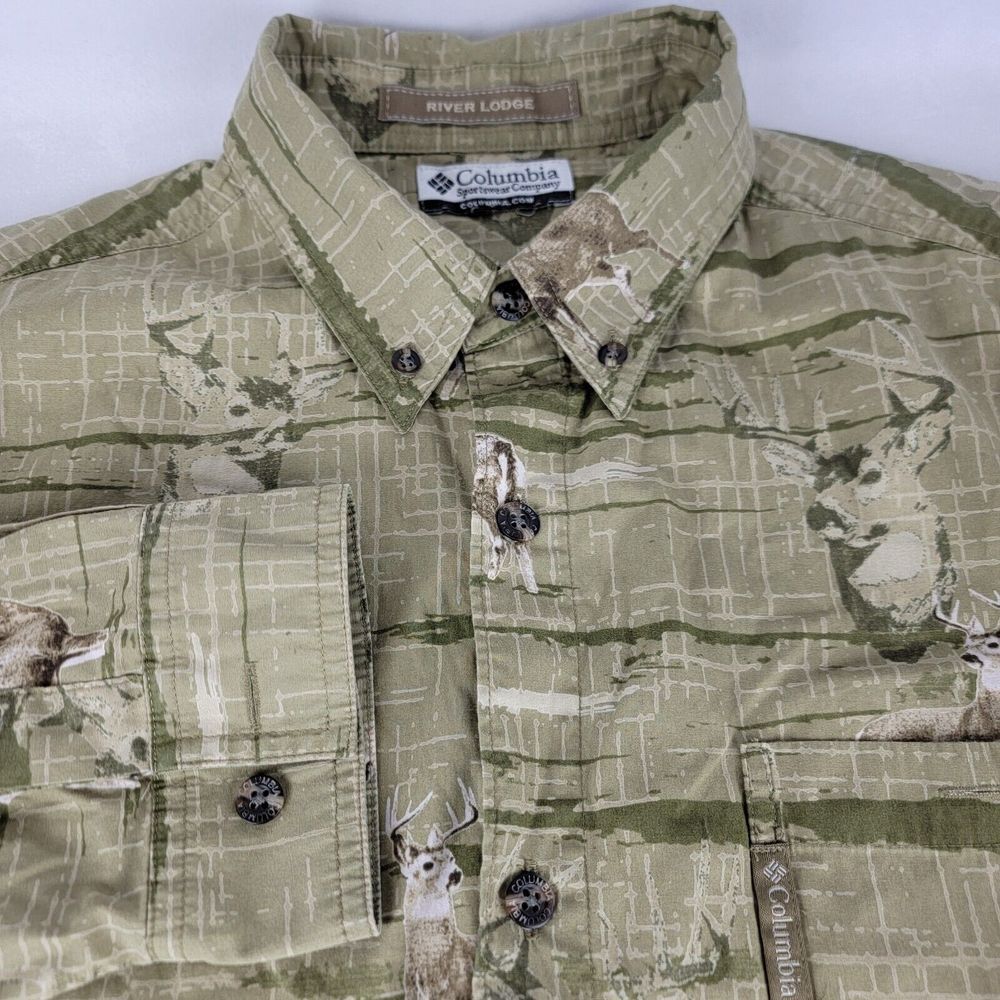Columbia Shirt Mens L Long Sleeve Button-up‎ River Lodge Deer Print Green Hunter